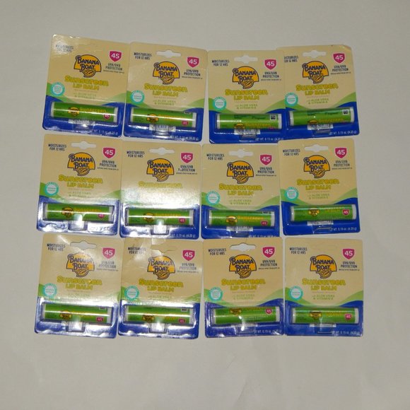 12 Banana Boat spf 45 Sunscreen Lip Balm w Aloe Vera & Vitamin E - Exp 07/2024 - Picture 1 of 3
